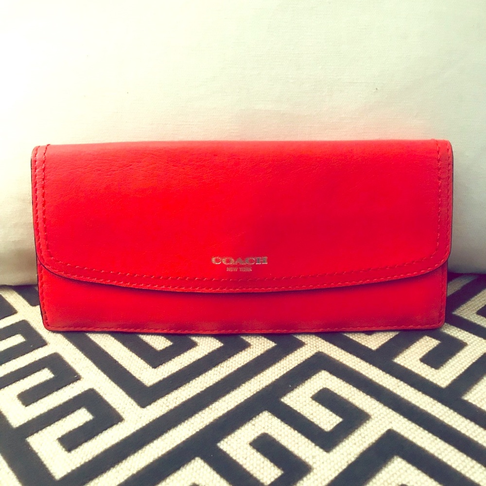 Coach Bright Coral Flap Wallet w/ Tan Interior